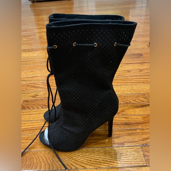 M&L black faux suede mid calf open toe booties. - Picture 9 of 15